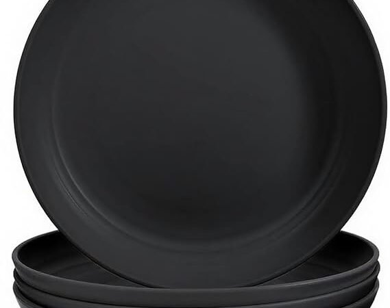 Odoland 23cm Unbreakable Deep Dinner Plates Set of 4 Black