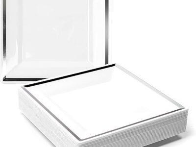 MATANA Square White Plastic Dessert Plates with Silver Rim 16.5cm Pack of 20