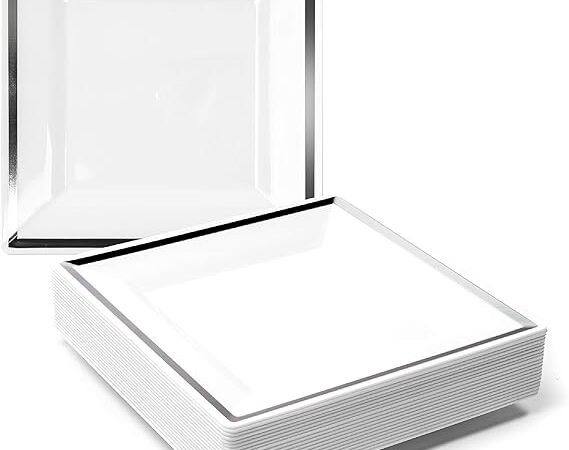 MATANA Square White Plastic Dessert Plates with Silver Rim 16.5cm Pack of 20