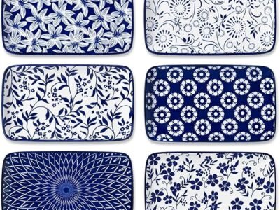 vancasso Selene Cobalt Blue Porcelain Rectangle Serving Plates 22cm Set of 6