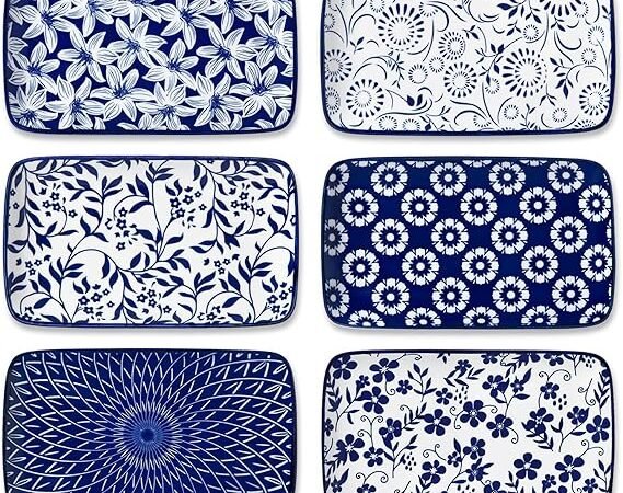 vancasso Selene Cobalt Blue Porcelain Rectangle Serving Plates 22cm Set of 6