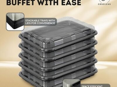 Coselena 5 Pack Sandwich Platter Trays with Lids Washable Serving Platters for Everyday Use and Catering with Sticker Labels Ideal Food Storage Containers for Sushi Party Food and Sandwiches