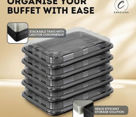 Coselena 5 Pack Sandwich Platter Trays with Lids Washable Serving Platters for Everyday Use and Catering with Sticker Labels Ideal Food Storage Containers for Sushi Party Food and Sandwiches