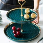 MEETOZ 2 Set of Round Porcelain Tiered Cupcake Stand Dessert Plates Stand Tiered Serving Trays with Gold Rod 3 Tiers and 2 Tiers Cake Stand