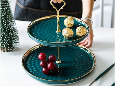 MEETOZ 2 Set of Round Porcelain Tiered Cupcake Stand Dessert Plates Stand Tiered Serving Trays with Gold Rod 3 Tiers and 2 Tiers Cake Stand