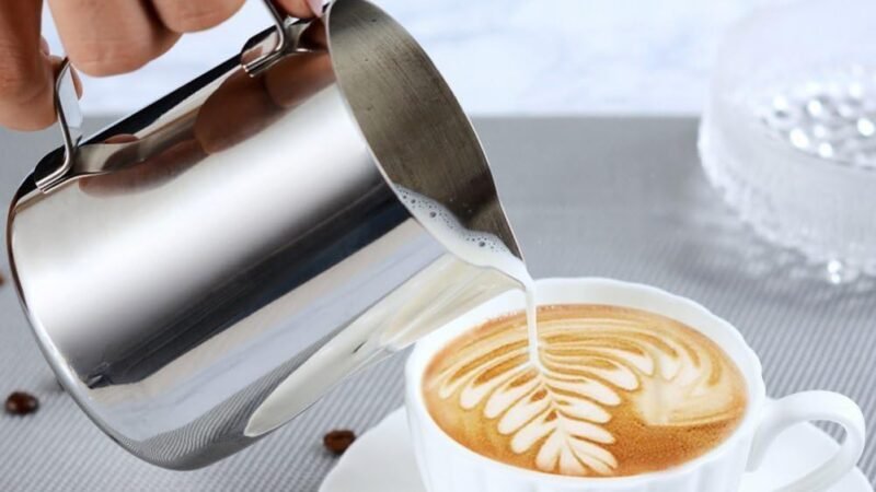 Stainless Steel Milk Jug, 350ML Handheld Coffee Creamer Milk Frothing Pitcher Jug Cup with Measurement Mark and Latte Art Pen, Milk Pitcher Jugs Perfect for Barista Cappuccino Espresso Making