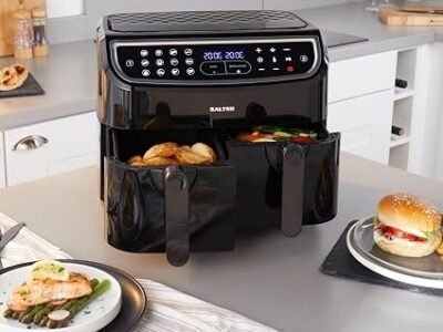 Salter EK4548 Dual Air Fryer, Double Drawer, Sync & Match Cook, 8.2L, 12 Presets, 2200W-2600W, Black/Silver
