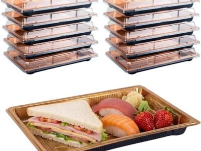 10 Pack Sandwich Platter Trays with Lids Reusable Serving Tray with Lid Small Plastic Catering Tray for Sweet Treat Party Food Mini Cake Buffet Trays with Clear Lid 33 x 25.4 x 4.5 cm