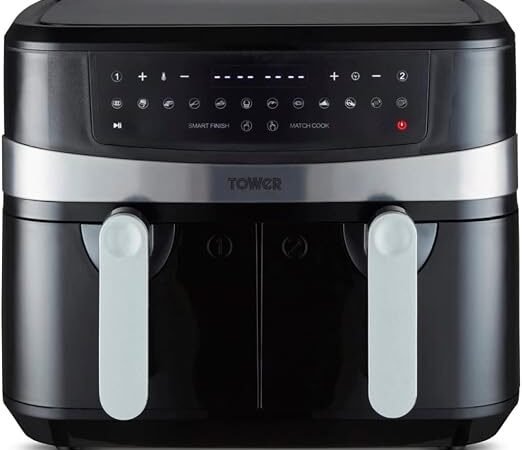 Tower T17088 Vortx 9L Dual Basket Air Fryer with Smart Finish, 10 One-Touch Presets, 2600W, Black