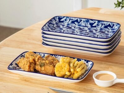vancasso Selene Cobalt Blue Porcelain Rectangle Serving Plates 22cm Set of 6